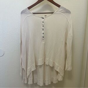 Free People Cream Henley Top Waffle Knit Long Sleeve Oversized Size S Boho
